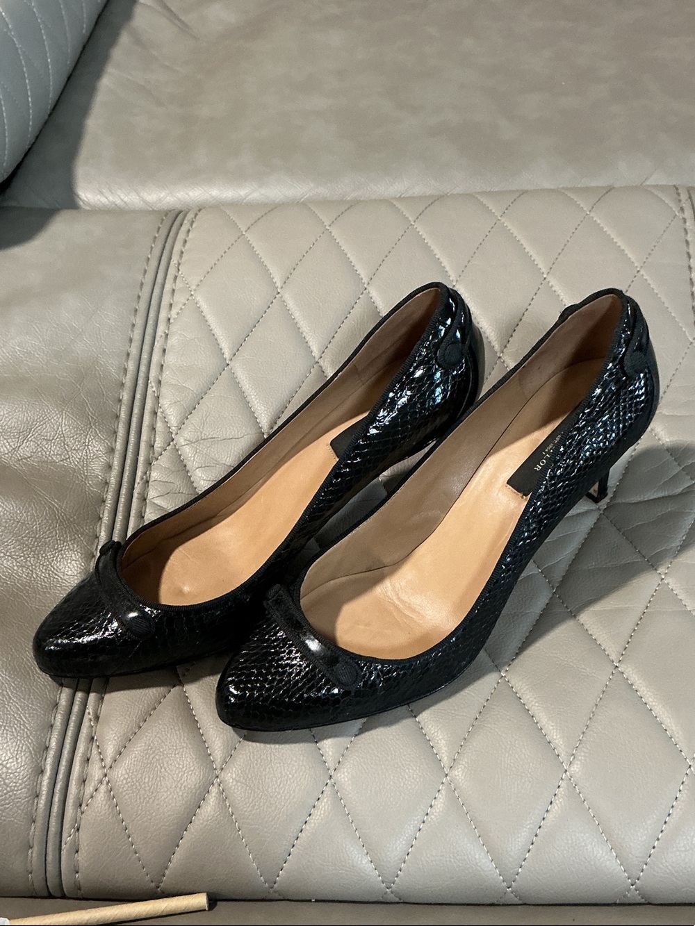 Ann Taylor Black Patent Snake-Embossed Pointed Toe Pumps